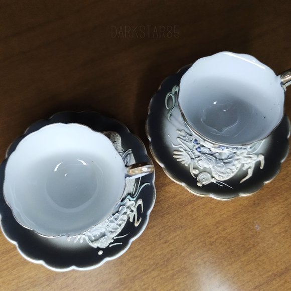 Vintage Made in Japan Moriage Black Dragonware Demitasse Teacups and Saucers - Picture 4 of 14